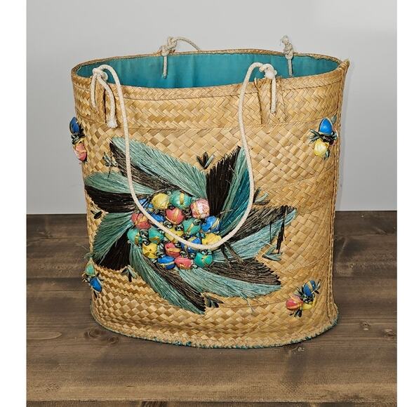 VTG 50s or 60s woven beach bag flat bottom rope handle some frays inside stains - Picture 1 of 11